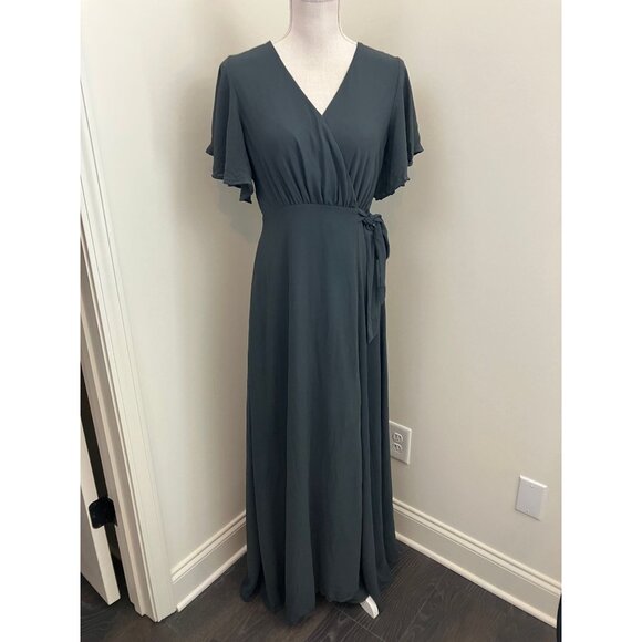 Arbor Gray Short Flutter Sleeve Wrap Maxi Dress Size Medium - Picture 1 of 4
